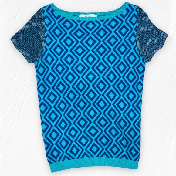 Ann Taylor Loft  Short Sleeve Sweater Geometric Diamond Print Aqua Blue Size XS - Picture 2 of 14